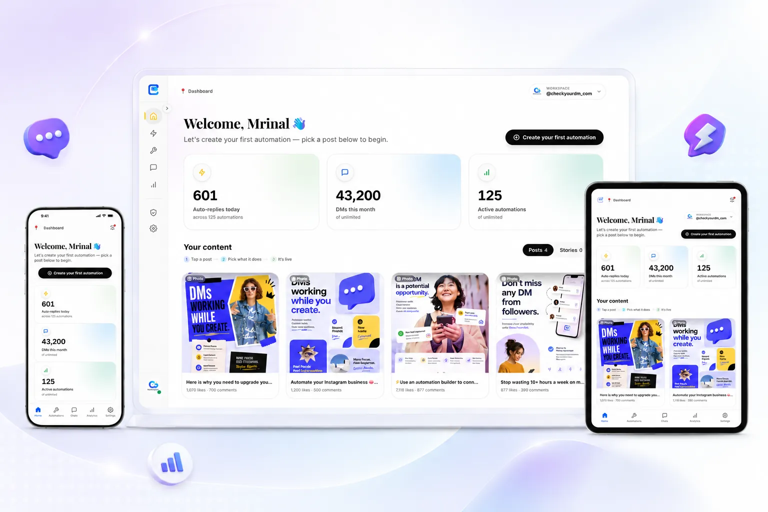 CheckYourDM open on a phone, a laptop and a tablet